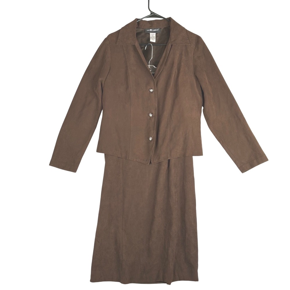 Sag Harbor Women's Brown Suede Skirt Suit Blazer & Midi Skirt Set Size L Y2K